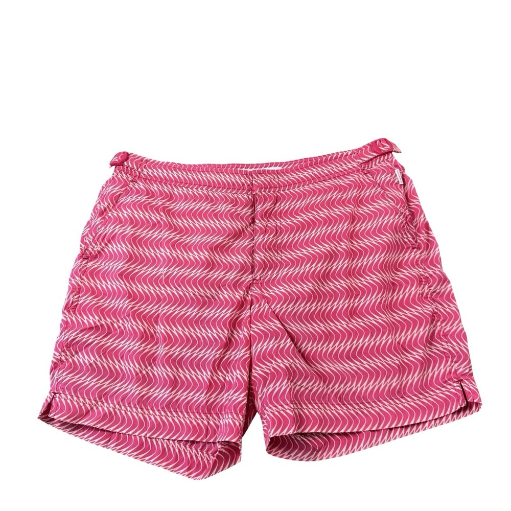 Orlebar Brown Bulldog Mesh Lined Pink Geometric Mens Swimtrunk Size 31 Side Tab